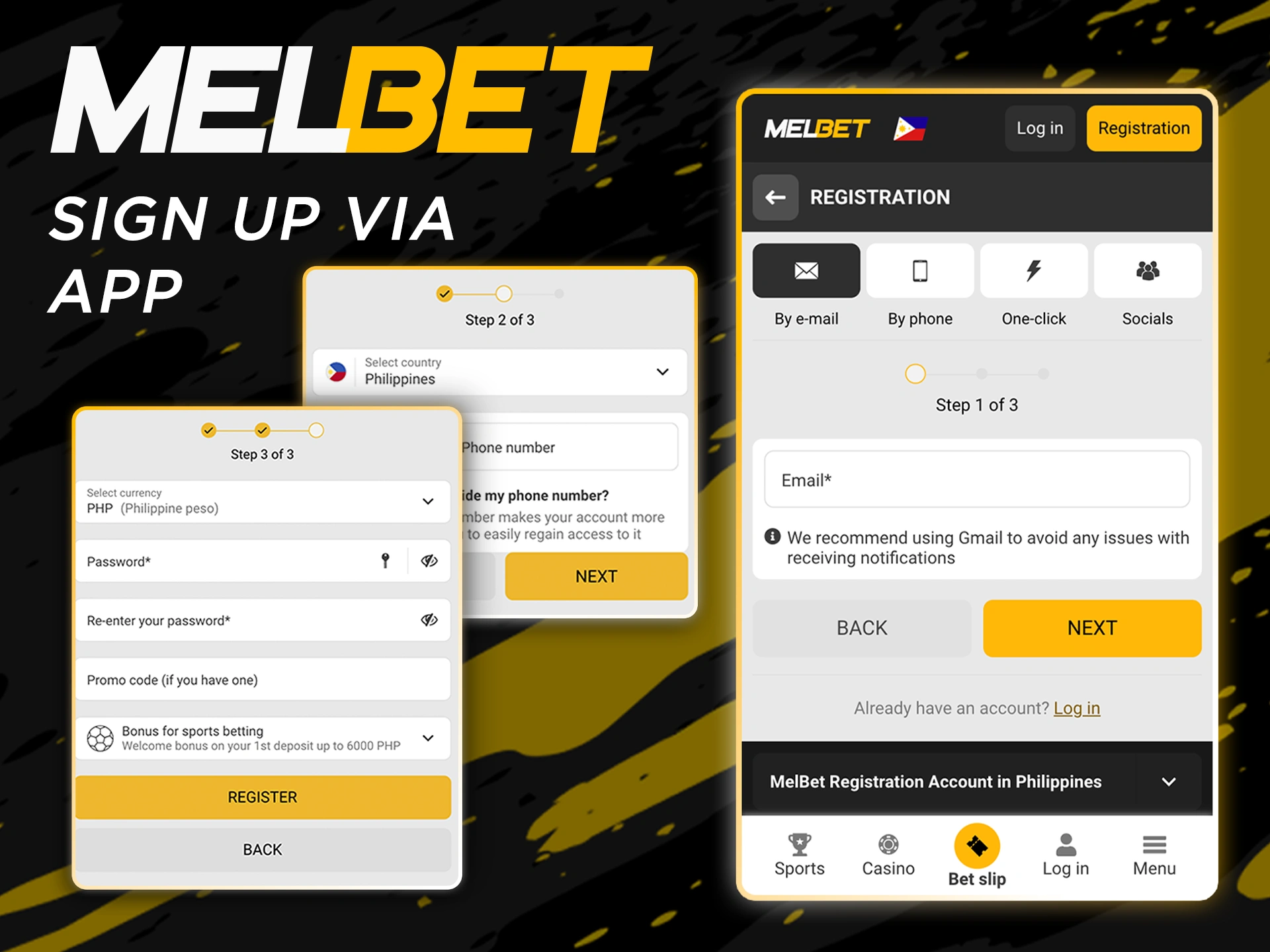 Melbet registration form: email, phone, one click at socials