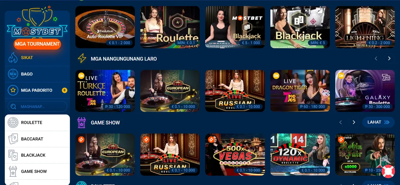 Live casino lobby ng Mostbet Philippines na may roulette, blackjack at game show tables