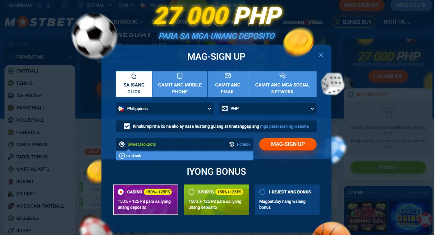 Mostbet sign up form na may promo code SweetJackpots at casino bonus na 150 porsyento plus 125 free spins