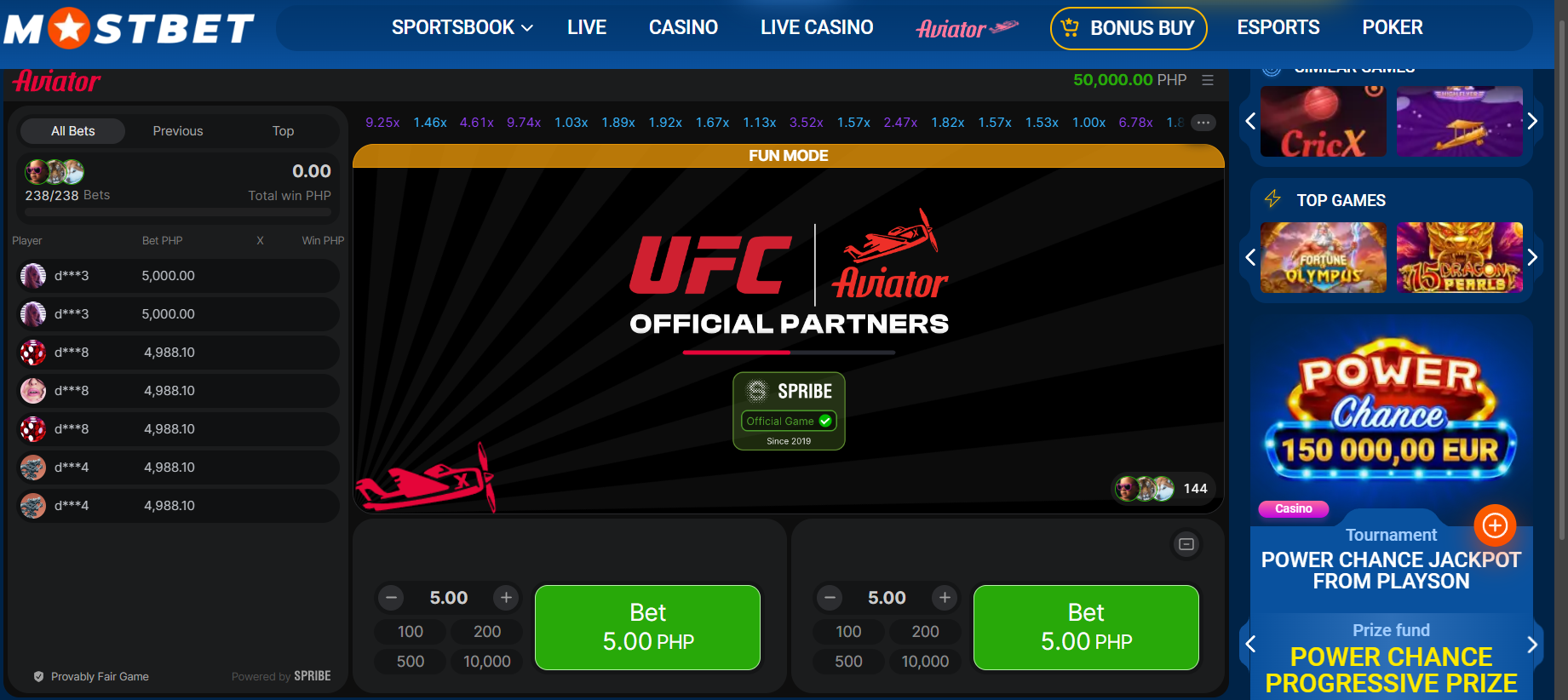 Aviator interface sa Mostbet na may dalawang bet panel, listahan ng bets at history ng multiplier