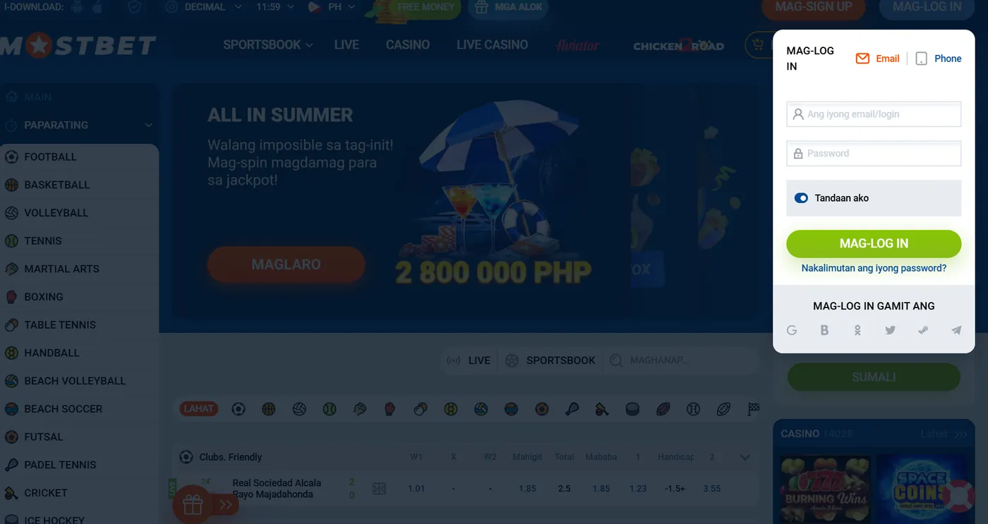 Login window ng Mostbet na may email at password at link sa nakalimutang password