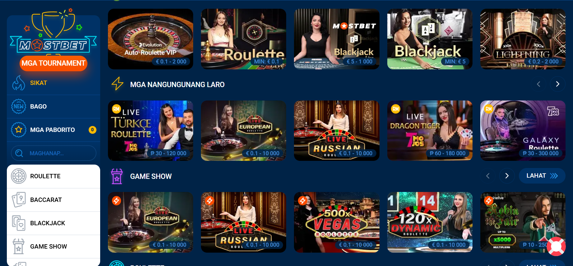 Live casino lobby ng Mostbet Philippines na may roulette, blackjack at game show tables