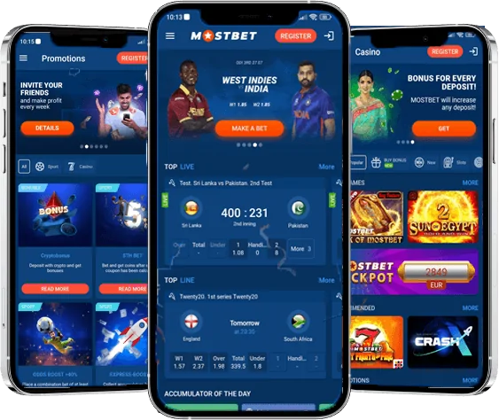 Mostbet app sa tatlong telepono na nagpapakita ng promo, sports at casino