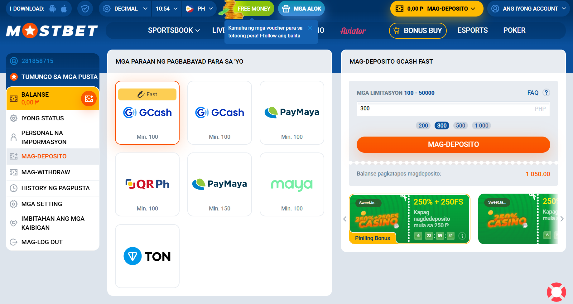 Mostbet deposit page na napili ang GCash Fast at may aktibong casino bonus sa kanang bahagi
