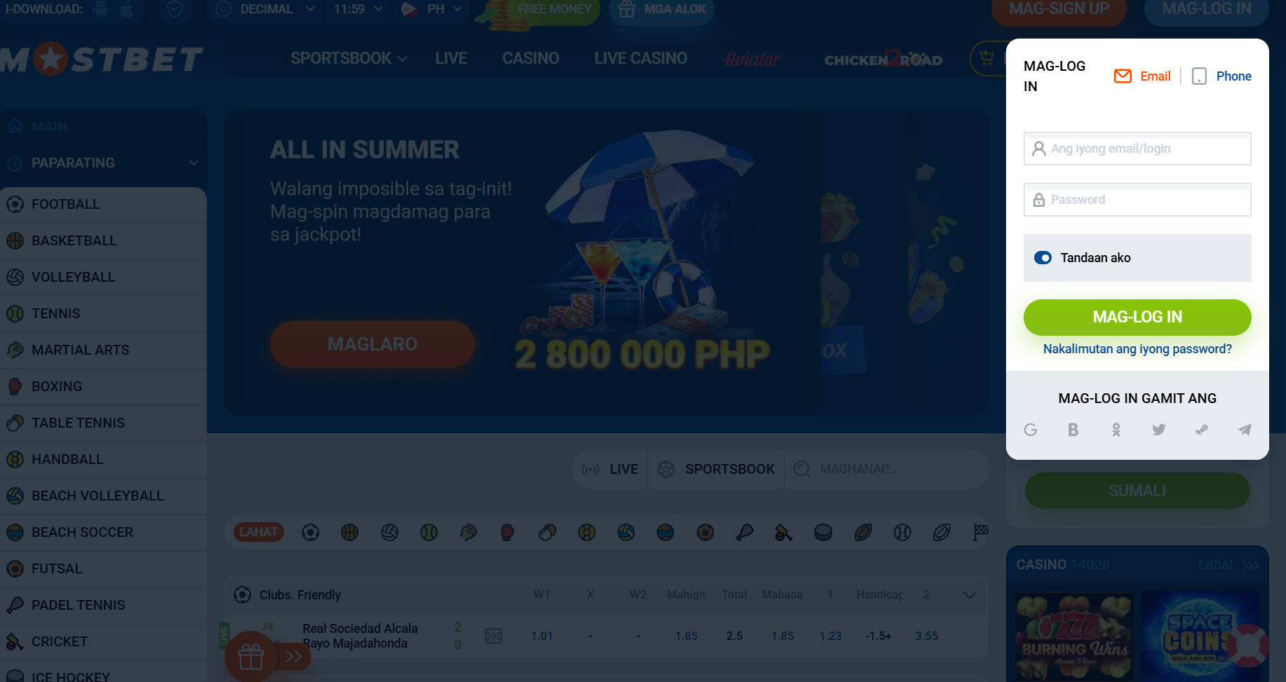 Login window ng Mostbet na may email at password at link sa nakalimutang password