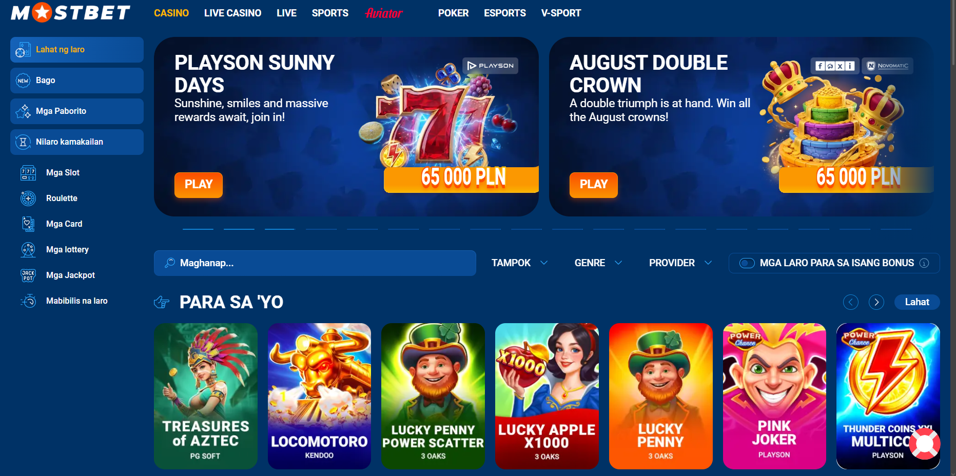 Mostbet casino lobby na may mga slot, roulette, jackpot at live casino games