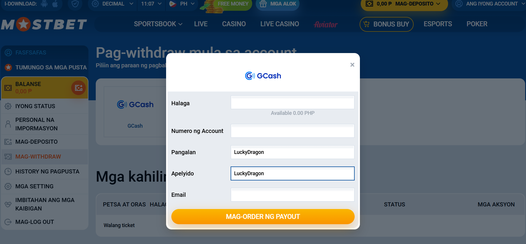 Mostbet GCash withdrawal form na may halaga, numero ng account, pangalan at apelyido bago pindutin ang Mag-order ng payout