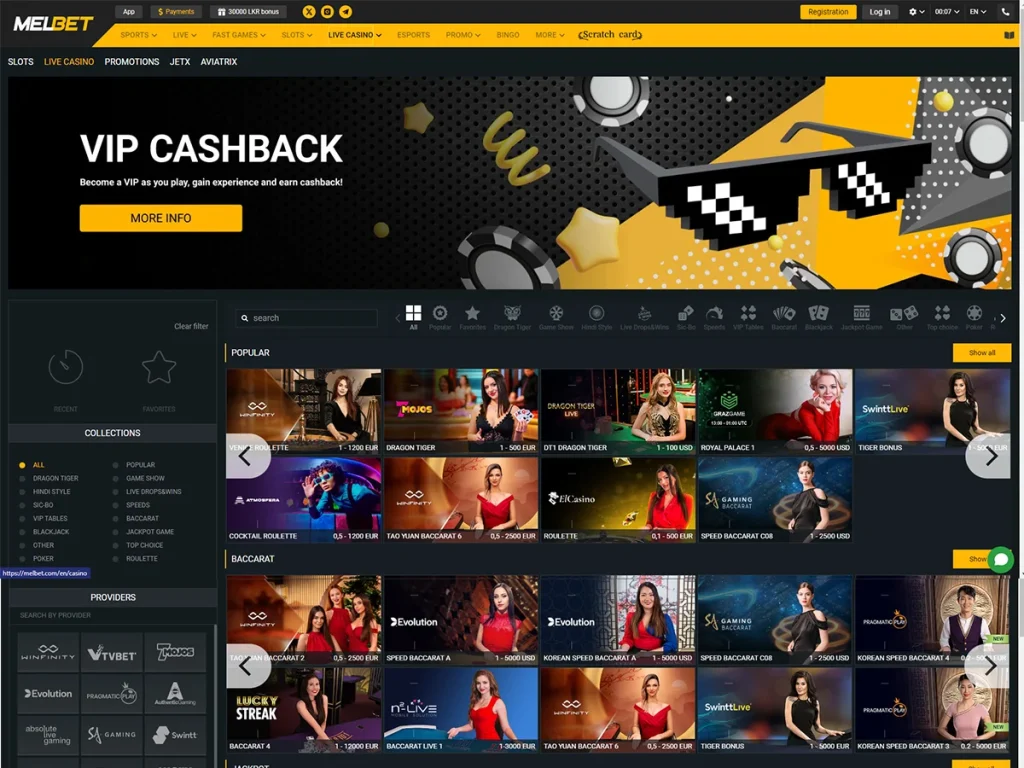 Melbet live casino lobby na may mga table at provider filter