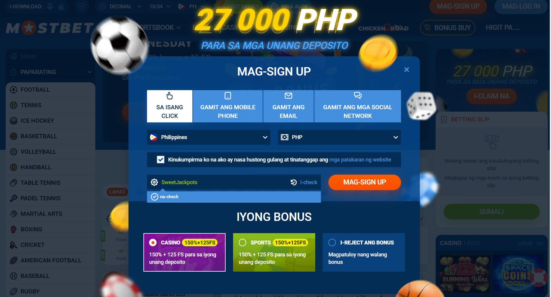 Mostbet sign up form na may promo code SweetJackpots at casino bonus na 150 porsyento plus 125 free spins