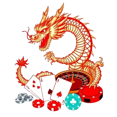 Dragon na nakabalot sa blackjack cards, roulette wheel, at casino chips